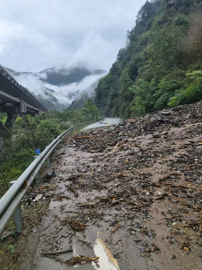 泥石流破壞的路面。臥龍?zhí)貐^(qū)供圖